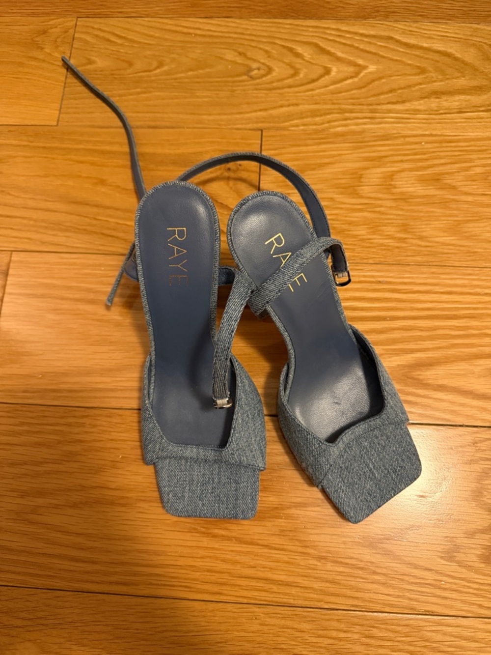 RAYE Denim Blue Square-Toe Slingback Heels
